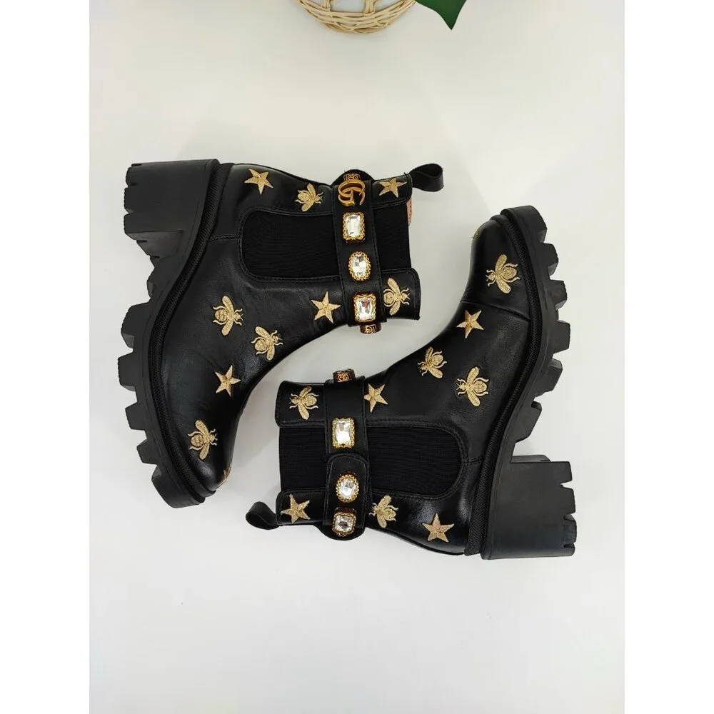 Gucci Bee & Star Embroidered Women's Size 7.5 US Leather Black Ankle Boots - Picture 6 of 9